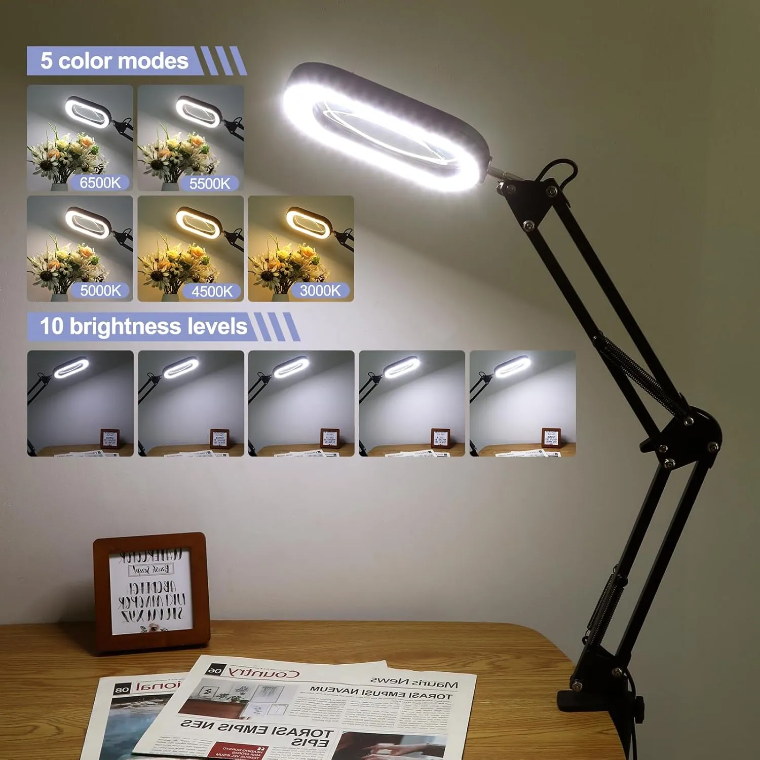 Drdefi 10X Square Magnifying Glass with Light and Stand, Real Glass LED Lighted Magnifier, 5 Color Modes Stepless Dimmable, Hands-Free Mag Desk Lamp with Clamp for Reading Craft Hobby Close Work