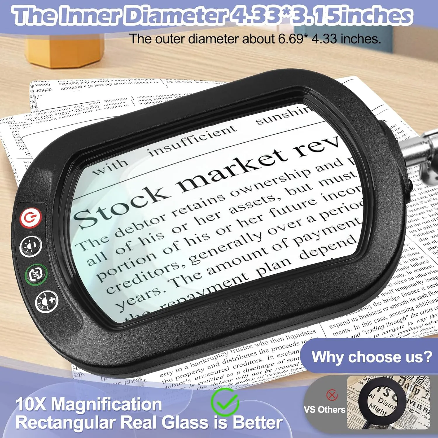 Drdefi 10X Square Magnifying Glass with Light and Stand, Real Glass LED Lighted Magnifier, 5 Color Modes Stepless Dimmable, Hands-Free Mag Desk Lamp with Clamp for Reading Craft Hobby Close Work
