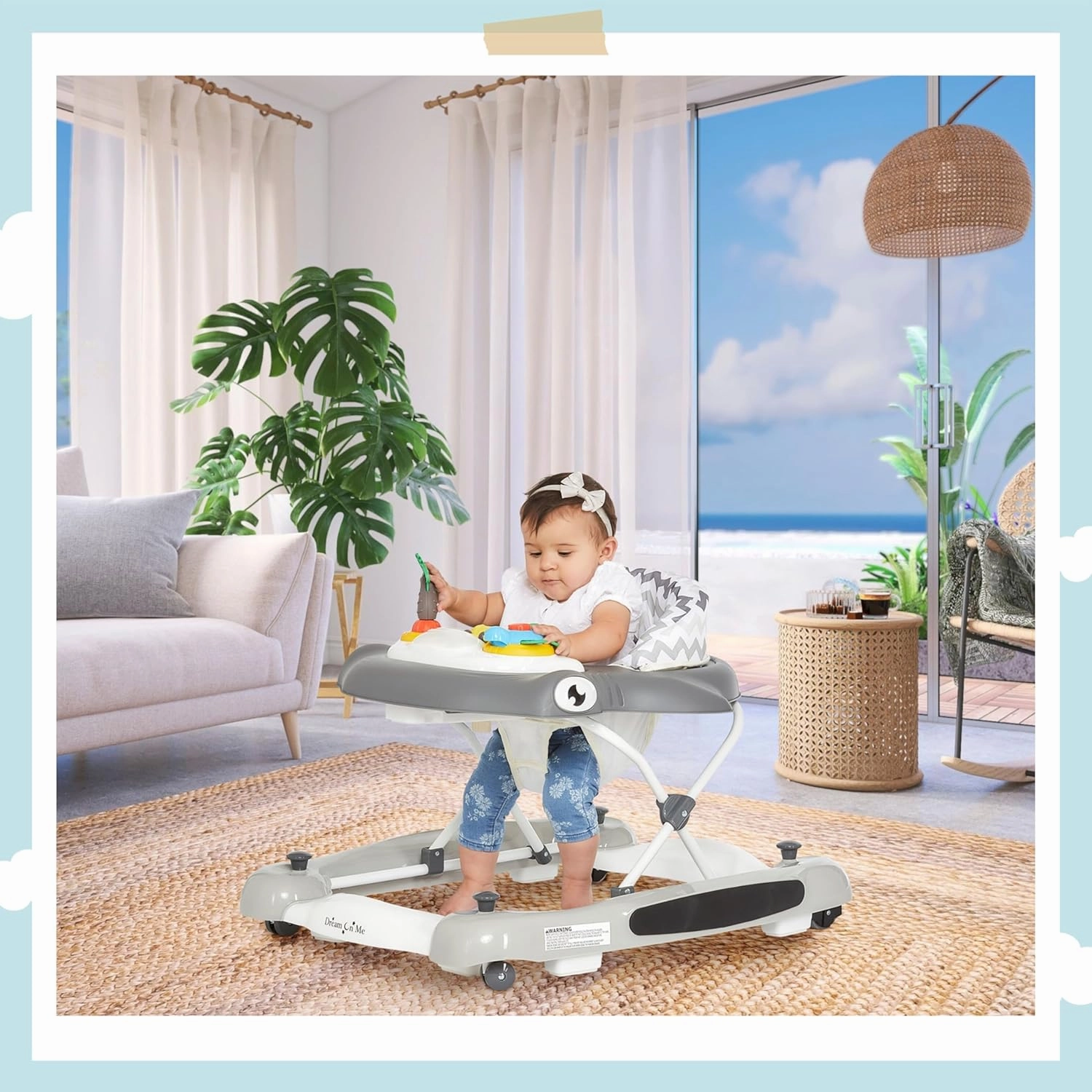 Dream on Me 2-in-1 Aloha Fun Baby Walker in Grey, Easily Convertible Baby Walker, Adjustable Three Position Height Settings, Easy to Fold and Store