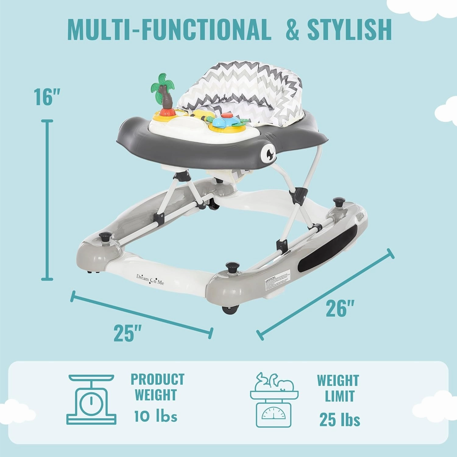Dream on Me 2-in-1 Aloha Fun Baby Walker in Grey, Easily Convertible Baby Walker, Adjustable Three Position Height Settings, Easy to Fold and Store