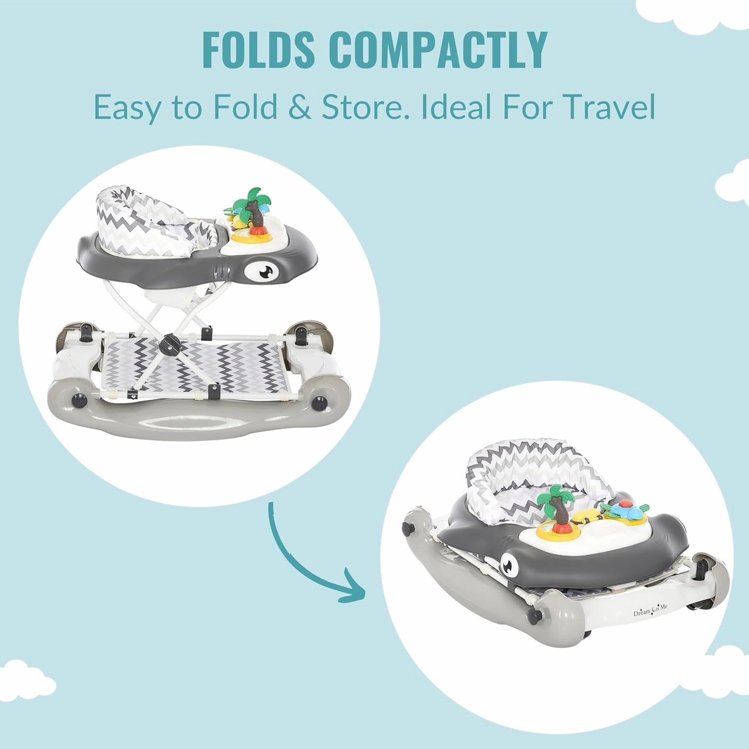 Dream on Me 2-in-1 Aloha Fun Baby Walker in Grey, Easily Convertible Baby Walker, Adjustable Three Position Height Settings, Easy to Fold and Store
