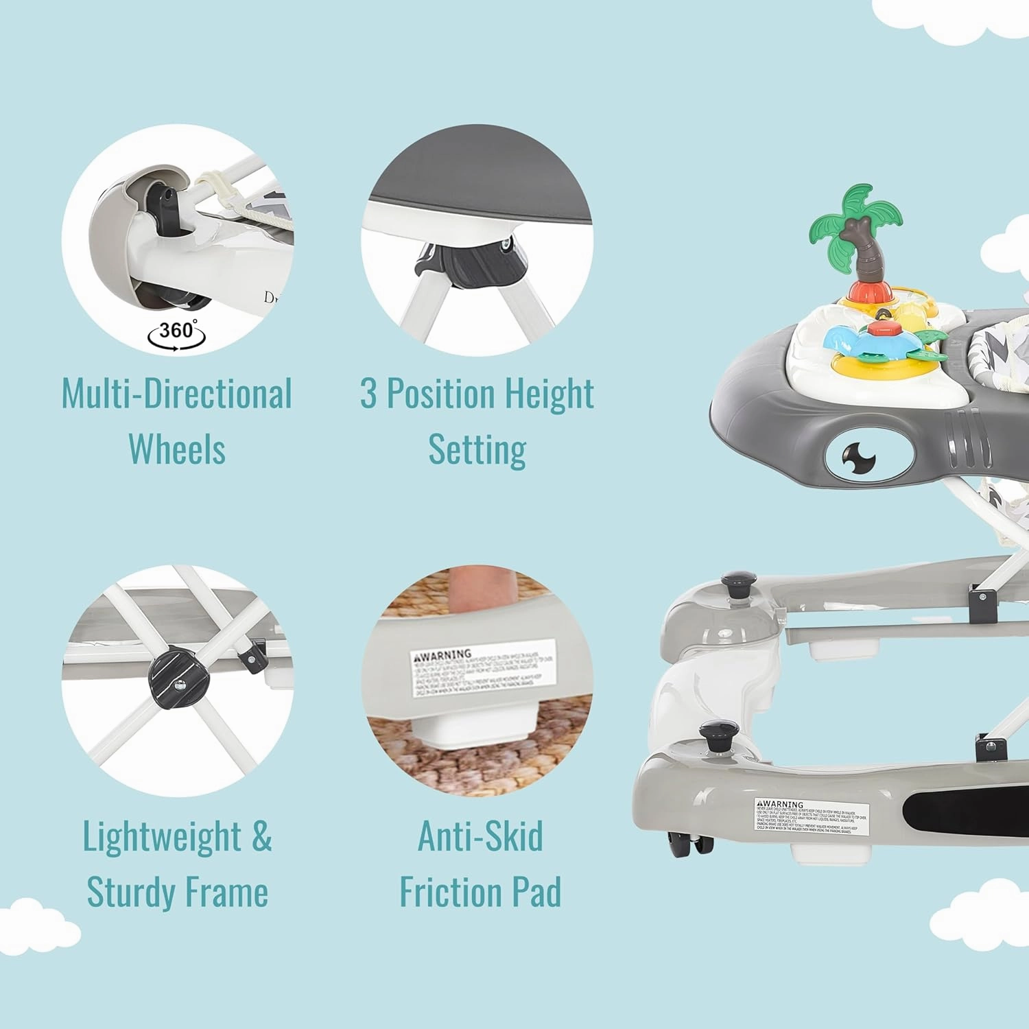 Dream on Me 2-in-1 Aloha Fun Baby Walker in Grey, Easily Convertible Baby Walker, Adjustable Three Position Height Settings, Easy to Fold and Store