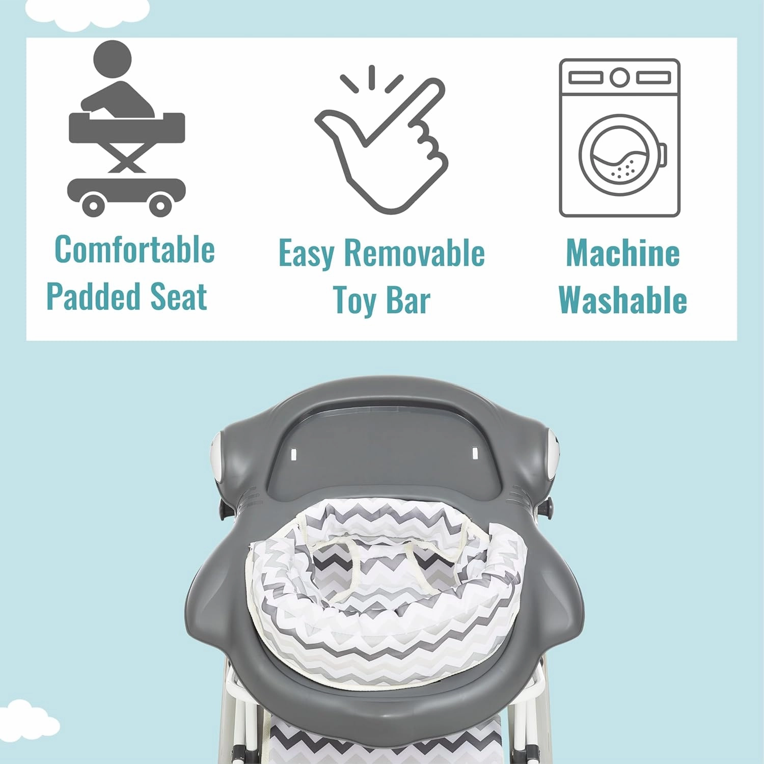 Dream on Me 2-in-1 Aloha Fun Baby Walker in Grey, Easily Convertible Baby Walker, Adjustable Three Position Height Settings, Easy to Fold and Store