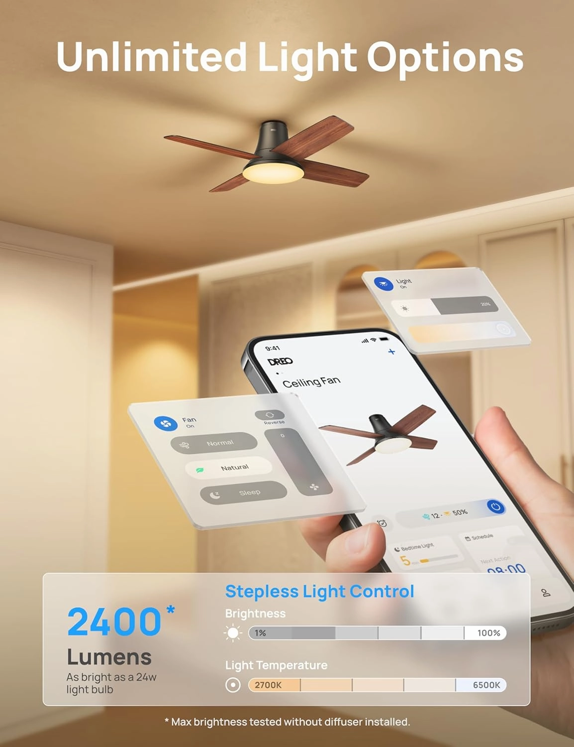 Dreo Ceiling Fans with Lights, 12 Speeds & 3 Fan Modes, Quiet DC Motor, Low Profile Easy to Install, Flush Mount Smart Ceiling Fan with Dimmable LED, 12H Timer for Bedroom, Remote, Black, 44''