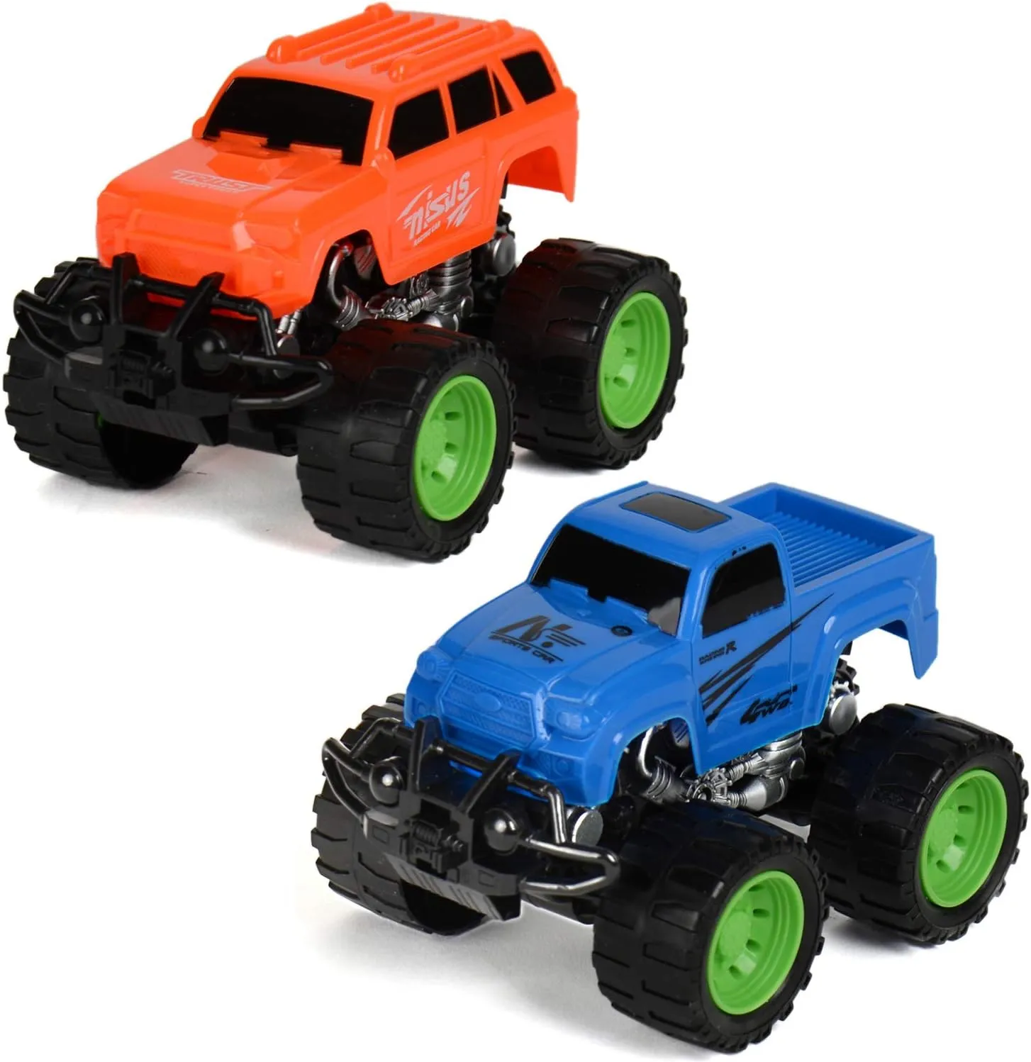 Drive Friction Powered Truck 2 Pack Push and Go Toy Cars with Giant Wheels, Inertia Vehicle