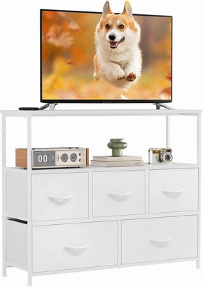 DUMOS TV Stand Dresser for Bedroom with 5 Fabric Drawer,Entertainment Center for 45 inch Television, Media Console Table with Storage, Open Shelf, Adjustable Feet, Living Room Furniture, White