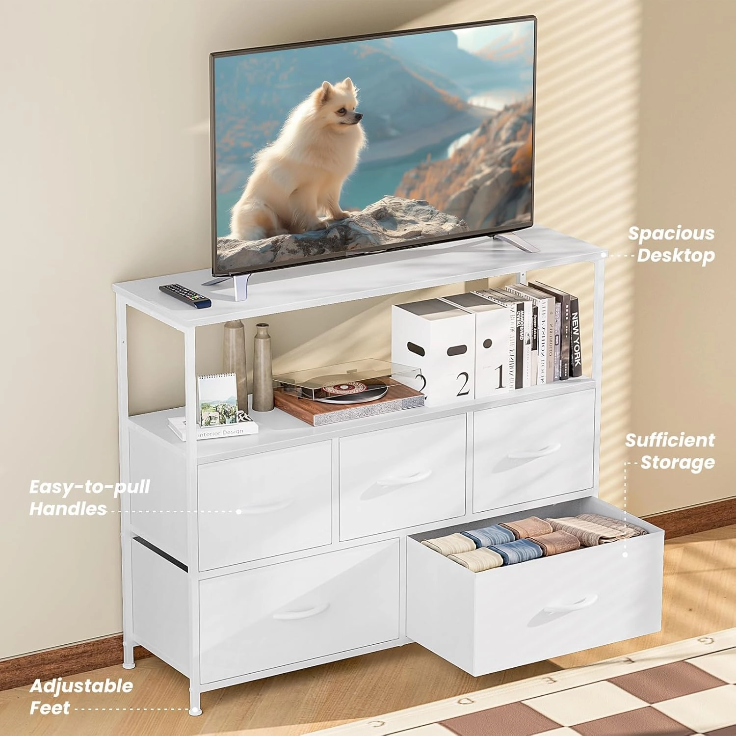 DUMOS TV Stand Dresser for Bedroom with 5 Fabric Drawer,Entertainment Center for 45 inch Television, Media Console Table with Storage, Open Shelf, Adjustable Feet, Living Room Furniture, White