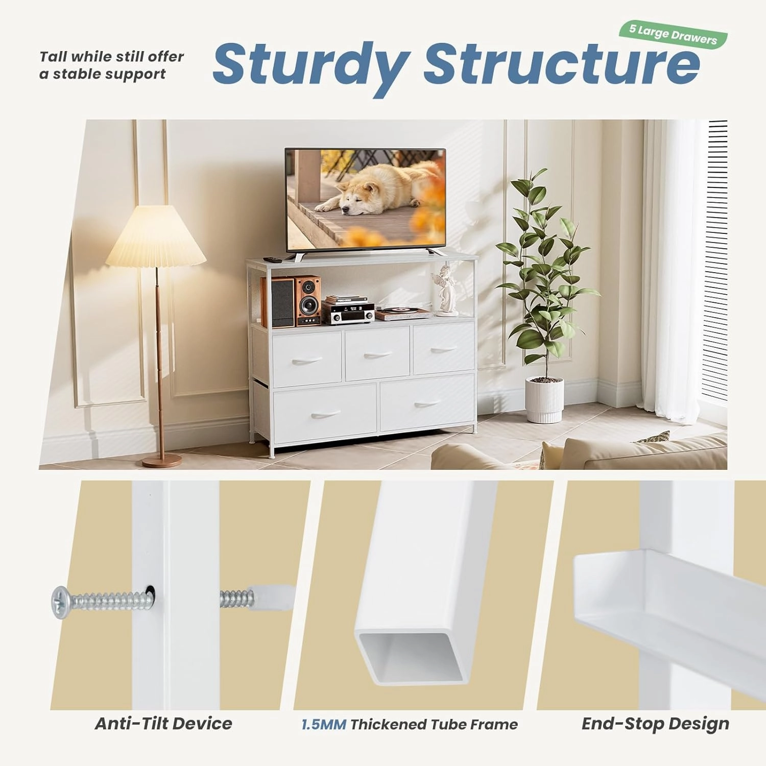 DUMOS TV Stand Dresser for Bedroom with 5 Fabric Drawer,Entertainment Center for 45 inch Television, Media Console Table with Storage, Open Shelf, Adjustable Feet, Living Room Furniture, White