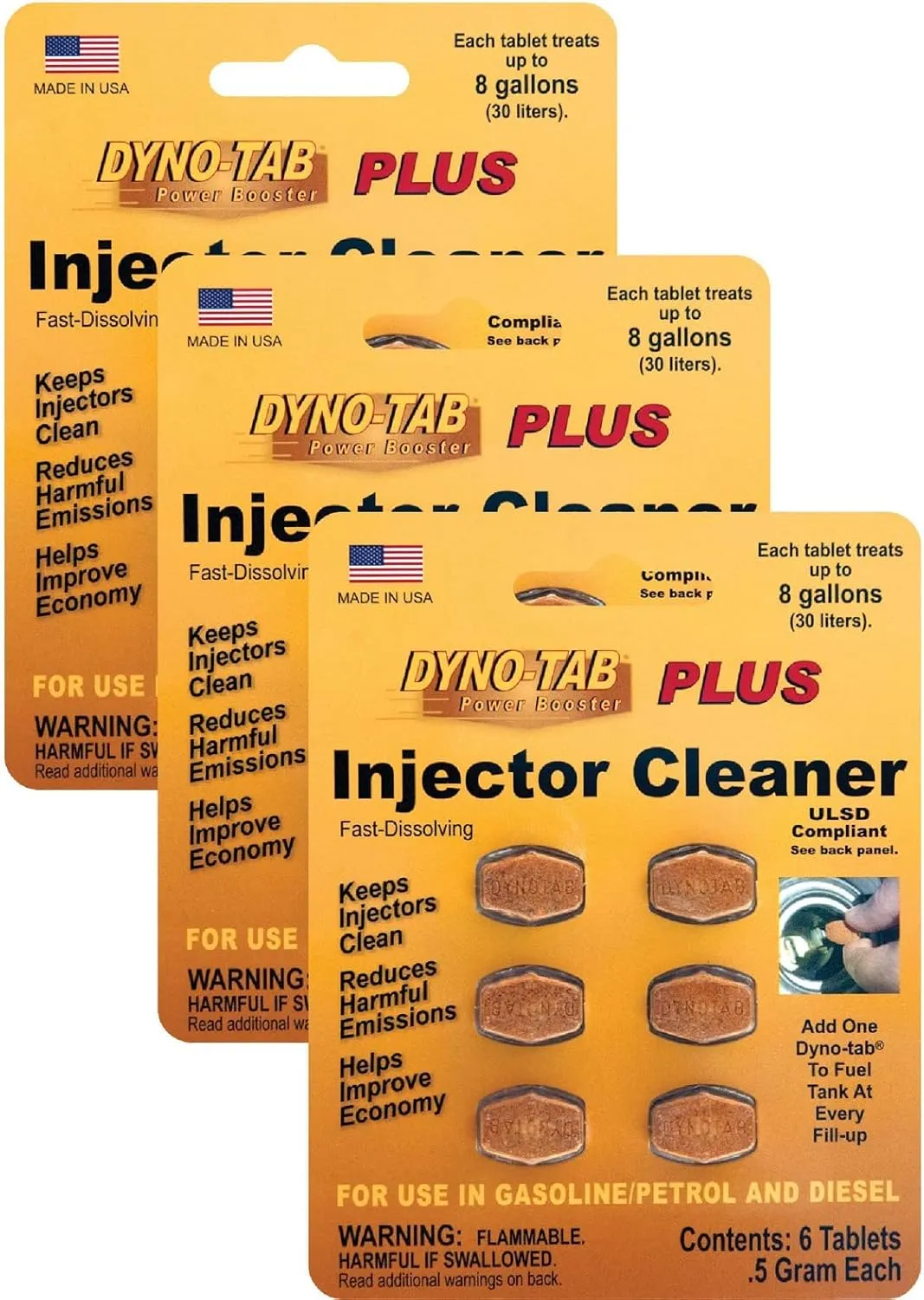 Dyno-tab Injector Cleaner Plus 6-Tab Card, 3-Pack, One Card Treats Three 16 gal/60 Liter Fill-ups, Fast Dissolving, 100% Active Ingredients - NO solvents, 45446-3pk