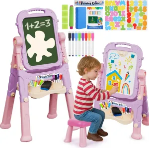 Easel for Kids Age 2-4 Toddlers Art Chalkboard and White Board Double Side with Chair Height Adjustable Drawing Writing Learning Toy for Age 2 3 4 5 Year Boys Girl Educational Birthday Gifts