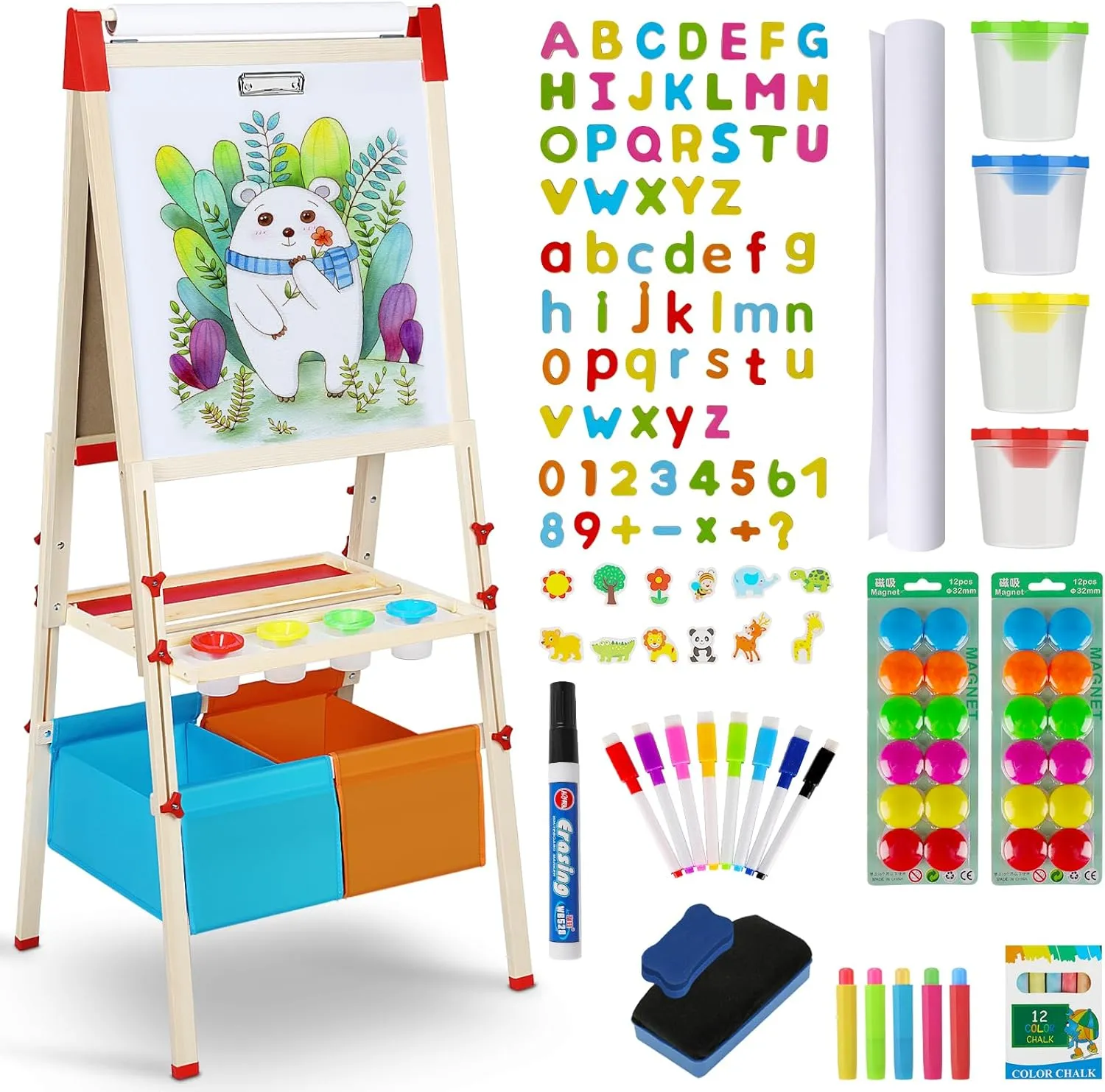Easel for Kids,3 in 1 Adjustable Kids Art Drawing Easel Set,130  Art Supplies,Wooden Double Sided Magnetic Chalkboard and White Board with Paper Roll,Painting for Aged 2-4,5-7,8-12