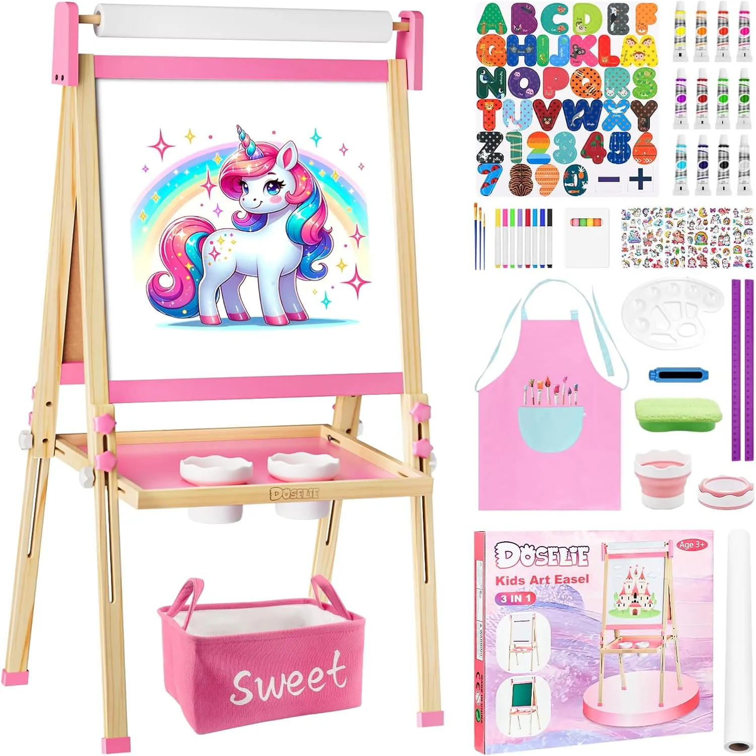 Easel for Kids,Adjustable Wooden Toddler Art Easels, Girls Toys for Ages 5-7,8-13,2-4, Magnetic White Board and Chalk Board with Art Supplies, 2 3 4 5 6 7 8 9 10 Year Old Girl Birthday Gift