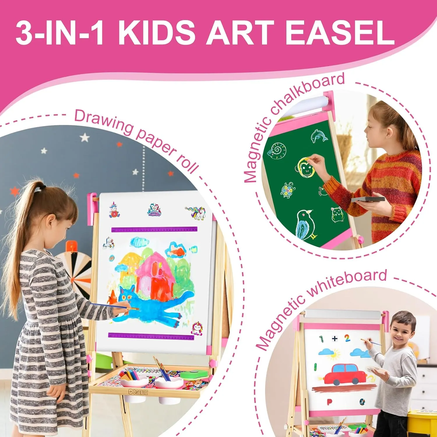 Easel for Kids,Adjustable Wooden Toddler Art Easels, Girls Toys for Ages 5-7,8-13,2-4, Magnetic White Board and Chalk Board with Art Supplies, 2 3 4 5 6 7 8 9 10 Year Old Girl Birthday Gift
