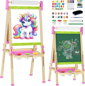 Easel for Kids,Wooden Art Easel,Toddler Toys for Ages 2-4 5-7 with Art Supplies,Height Adjustable Double-Sided Magnetic Whiteboard and Chalk Board,Birthday Gifts for 2 3 4 5 6 7 Year Old Boy Girl Toy