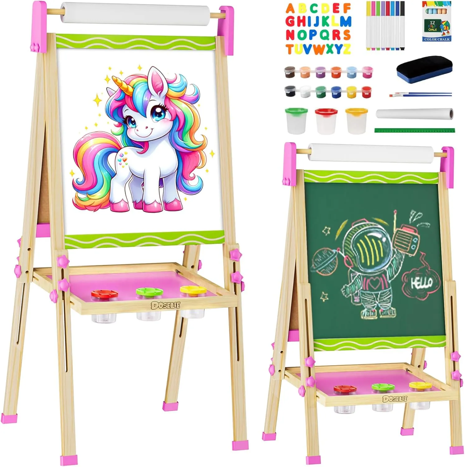Easel for Kids,Wooden Art Easel,Toddler Toys for Ages 2-4 5-7 with Art Supplies,Height Adjustable Double-Sided Magnetic Whiteboard and Chalk Board,Birthday Gifts for 2 3 4 5 6 7 Year Old Boy Girl Toy