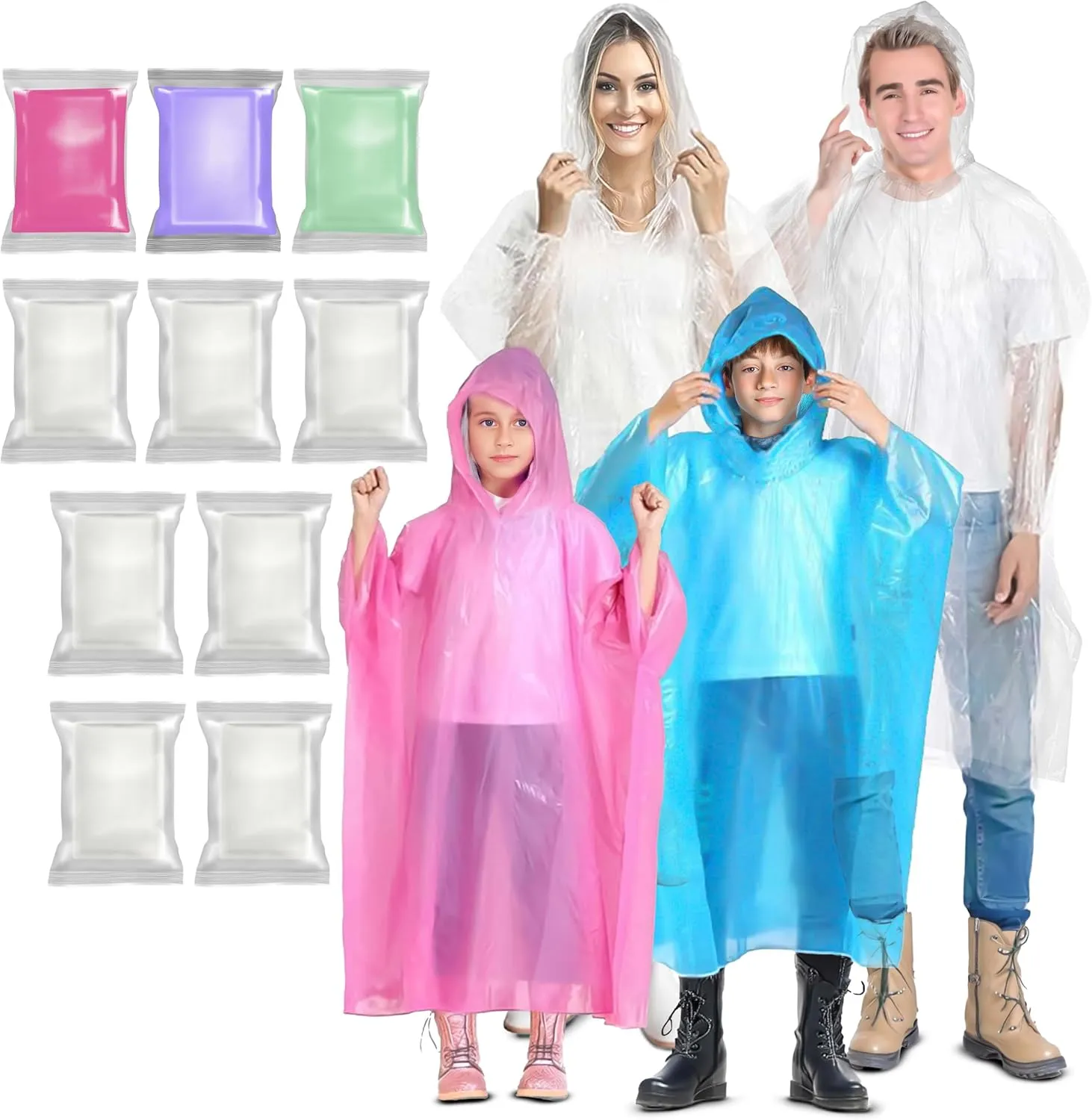 EcoNour Clear Rain Ponchos Family Pack | Emergency Clear Ponchos with Hood for Kids & Adults | Perfect for Disney World