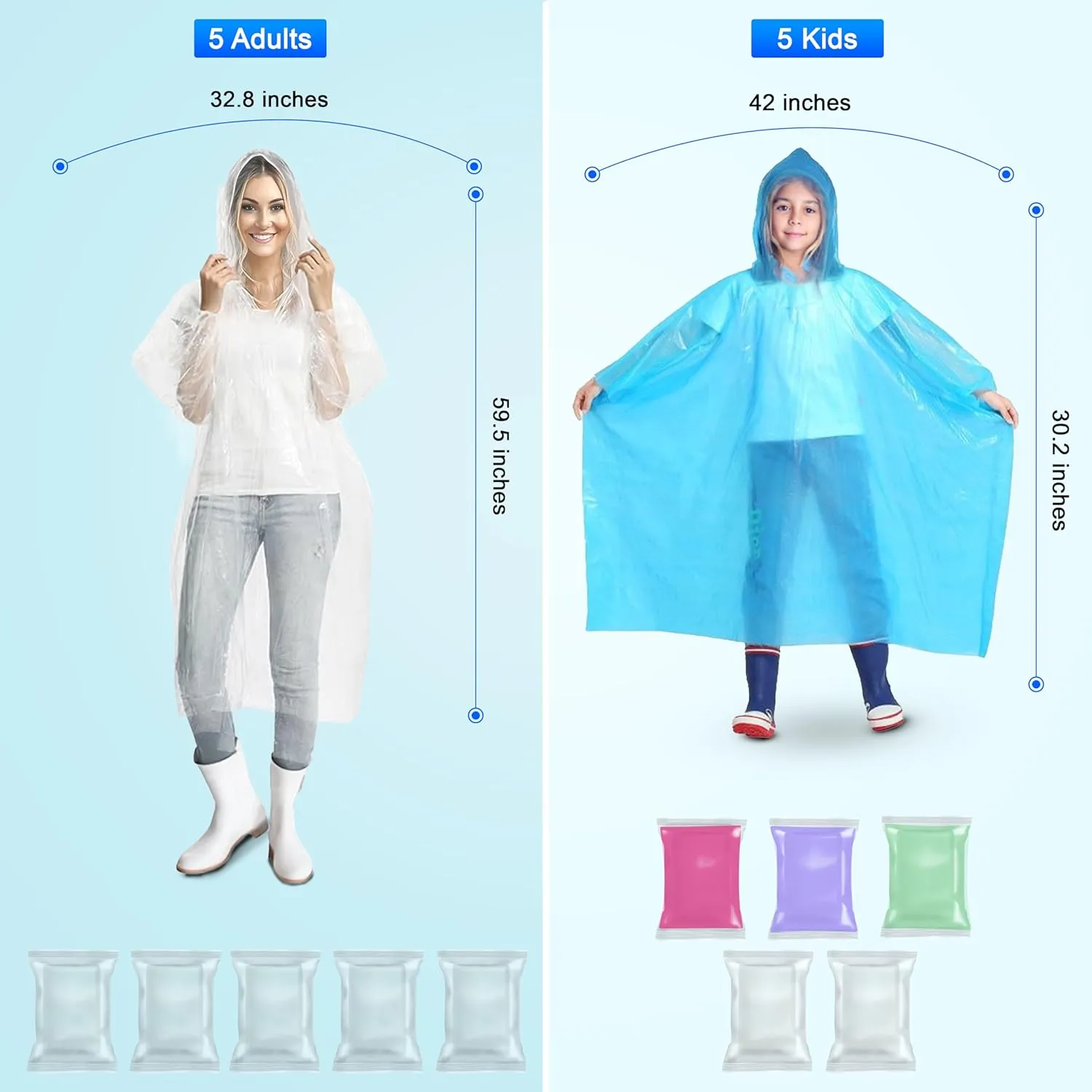EcoNour Clear Rain Ponchos Family Pack | Emergency Clear Ponchos with Hood for Kids & Adults | Perfect for Disney World
