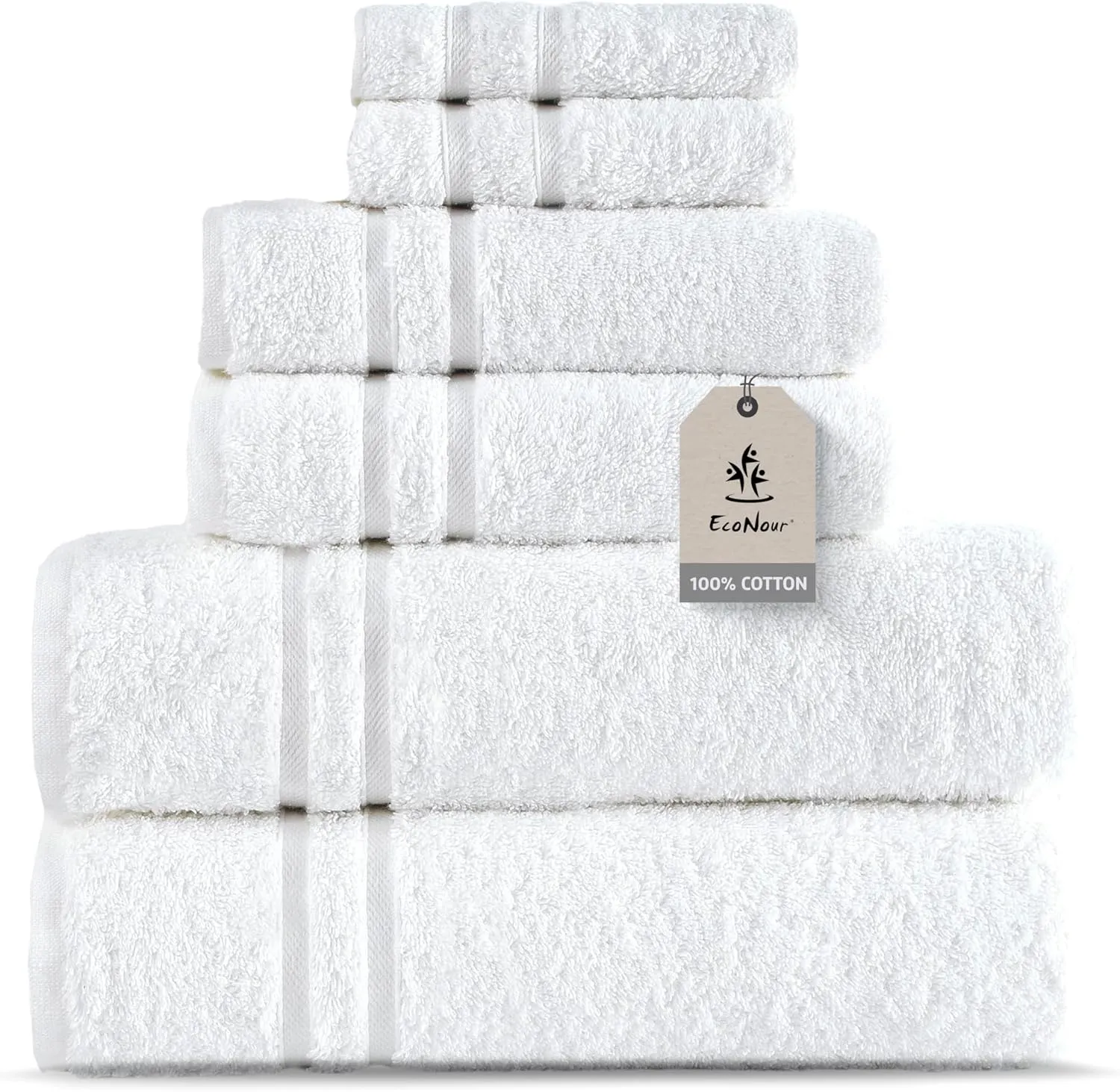 EcoNour Luxury 100% White Turkish Cotton Towel Set 550 GSM– 6 Piece Bathroom Towels Set Includes 2 Bath Towels, 2 Hand Towels, 2 Washcloths – Soft, Absorbent, Quick Dry for Bathroom, Spa ,gym & Hotel