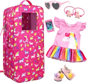 Ecore Fun 7 Items 18 Inch Dolls Bag and Accessories Unicorn Doll Carrier Storage Fit for 18 Inch Girl Dolls Including Doll Case, 18"" Doll Clothes, Doll Shoes, Sunglasses, Phone and 2 Hairpin, Pink