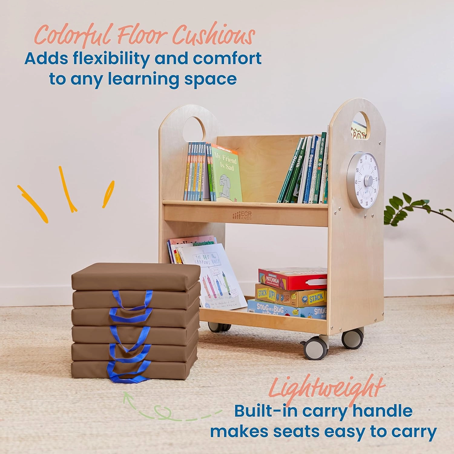 ECR4Kids SoftZone Floor Cushions, Square, Flexible Seating, Chocolate, 6-Piece