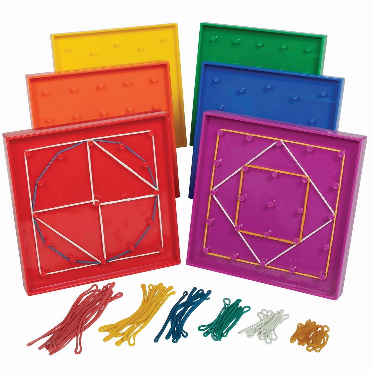 edxeducation Double-Sided Geoboard Set | Set of 6 with Rubber Bands | Ages 3  | Math Resources, Fine Motor Skills for Kids | 5 x 5 Grid/12 Pin Circular Array
