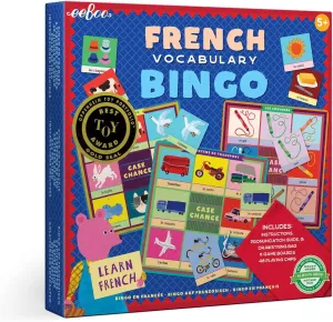 eeBoo: French Bingo Vocabulary Game, Includes- Pronunciation Guide & Drawsting Bag, 6 Game Boards, 48 Playing Chips, 2 to 6 Players, for Ages 5 and up