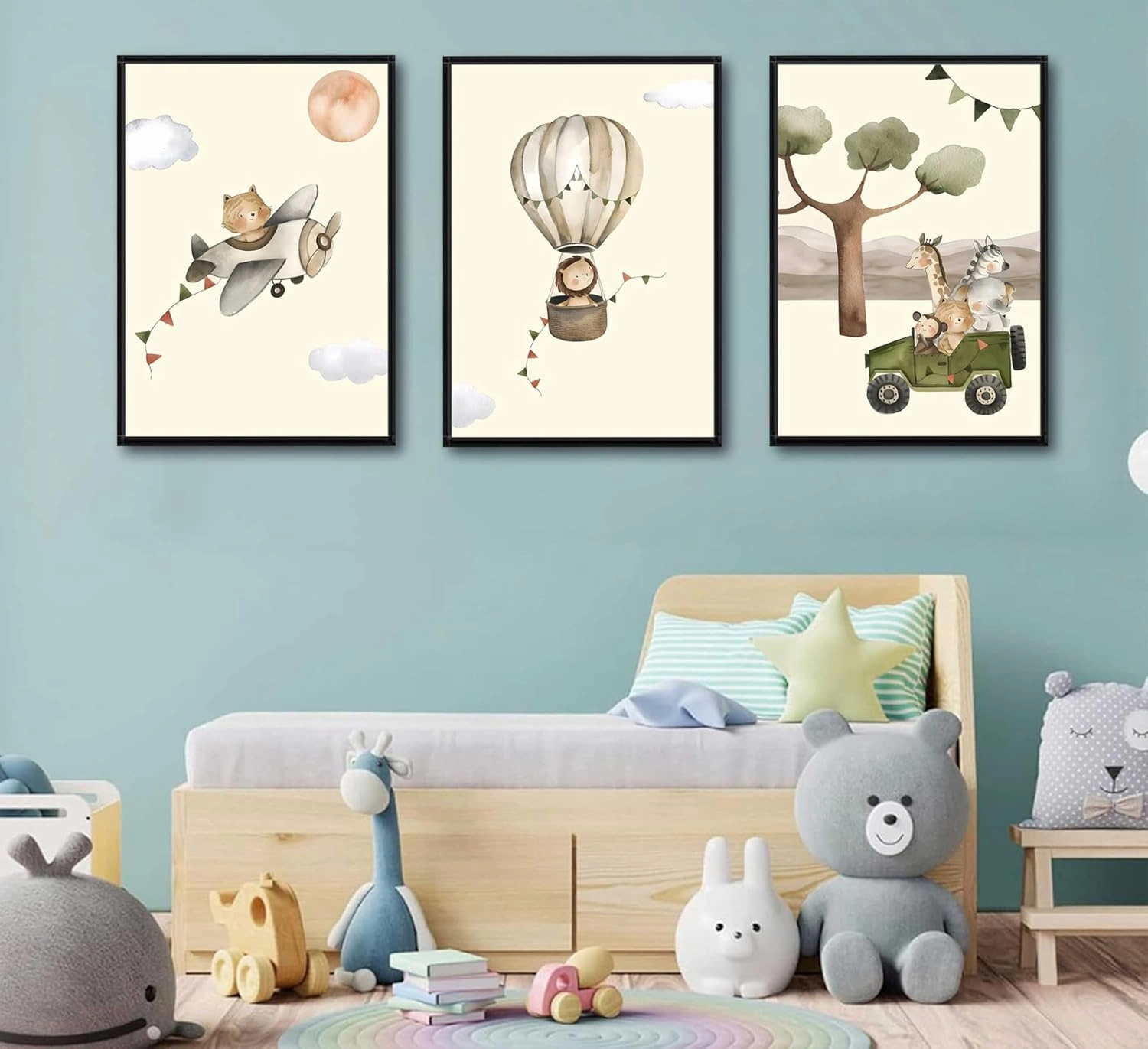 EFGETTPD 3Pcs Safari Adventure Wall Art Adventure Theme Kids Room Posters Pictures Wildlife Cat Lion Giraffe Travel Paintings Forest Animal Canvas Prints for Children Room Nursery Wall Decor Unframed