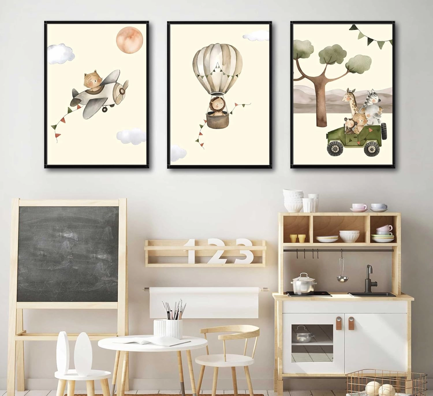 EFGETTPD 3Pcs Safari Adventure Wall Art Adventure Theme Kids Room Posters Pictures Wildlife Cat Lion Giraffe Travel Paintings Forest Animal Canvas Prints for Children Room Nursery Wall Decor Unframed