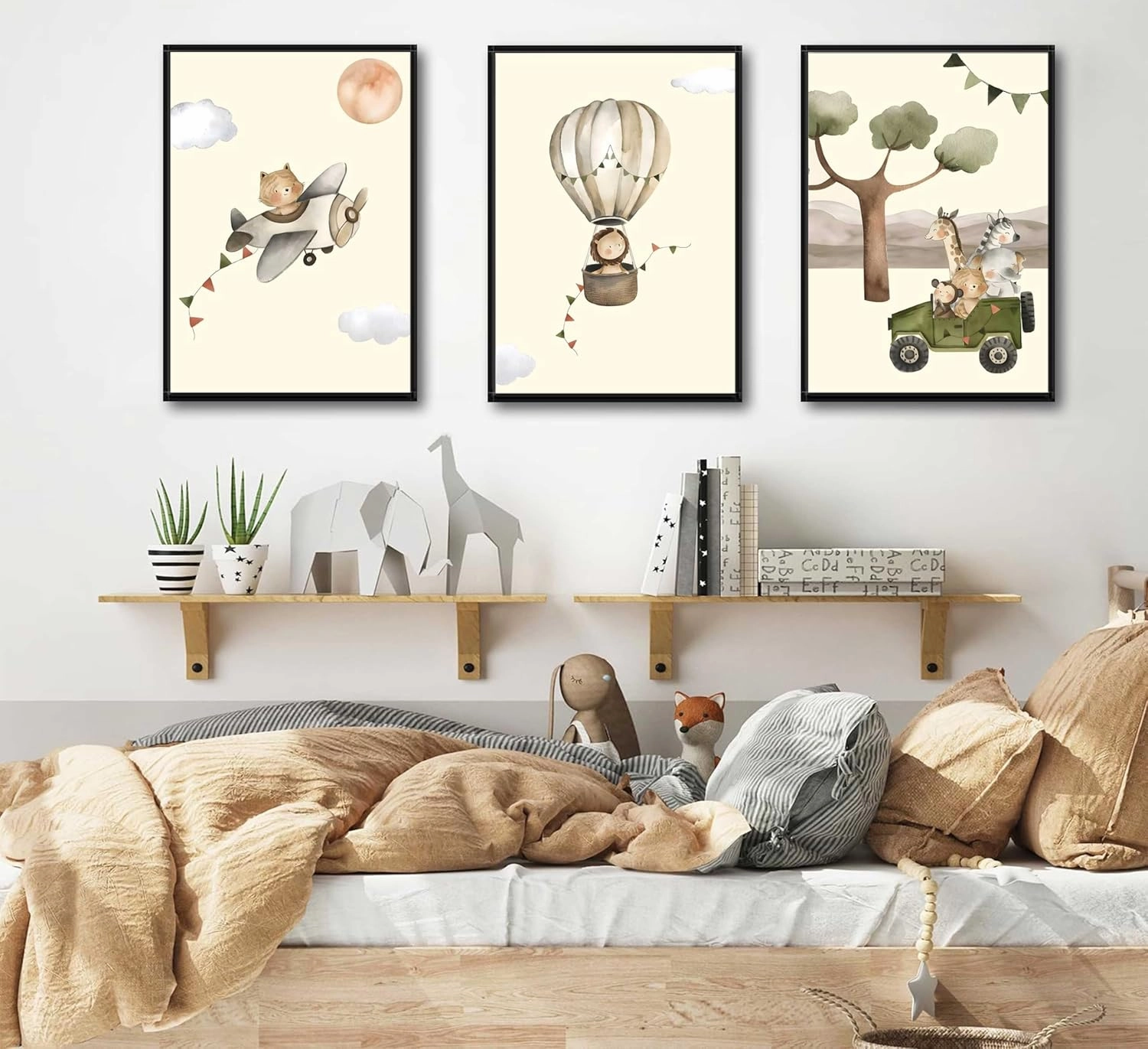EFGETTPD 3Pcs Safari Adventure Wall Art Adventure Theme Kids Room Posters Pictures Wildlife Cat Lion Giraffe Travel Paintings Forest Animal Canvas Prints for Children Room Nursery Wall Decor Unframed
