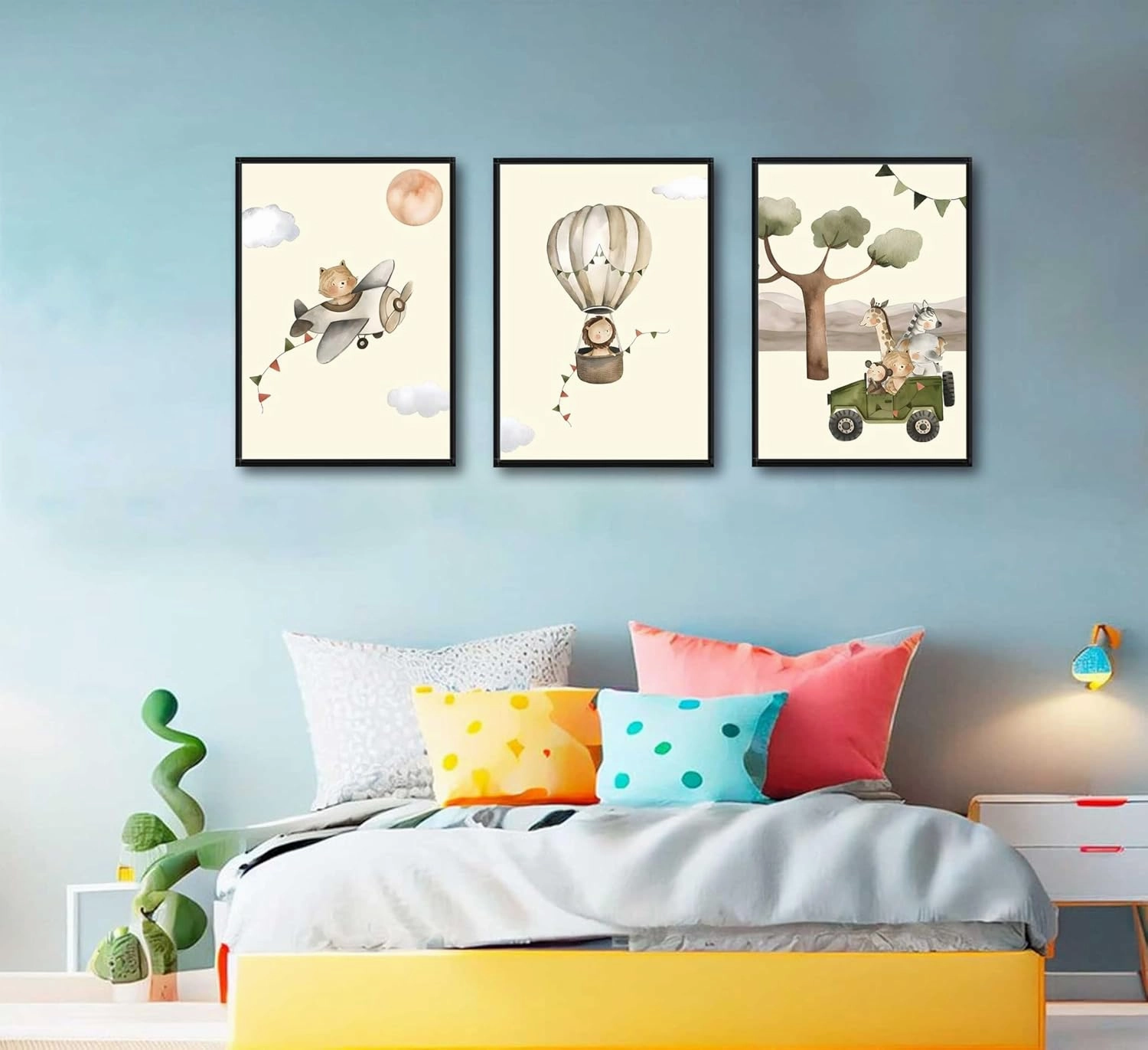 EFGETTPD 3Pcs Safari Adventure Wall Art Adventure Theme Kids Room Posters Pictures Wildlife Cat Lion Giraffe Travel Paintings Forest Animal Canvas Prints for Children Room Nursery Wall Decor Unframed