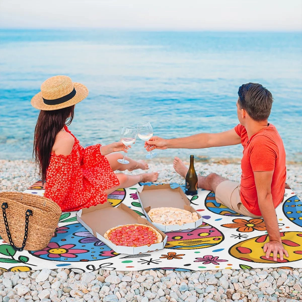 Egg Easter Beach Blanket, Sandproof Beach Mat, 68 x 59 Waterproof Quick Drying Sand Free Mat with 4 x Ground Spikes for Outdoor Travel Camping Hiking, Easter Colorful Eggs