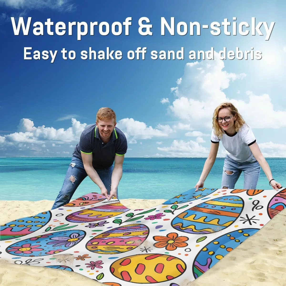 Egg Easter Beach Blanket, Sandproof Beach Mat, 68 x 59 Waterproof Quick Drying Sand Free Mat with 4 x Ground Spikes for Outdoor Travel Camping Hiking, Easter Colorful Eggs