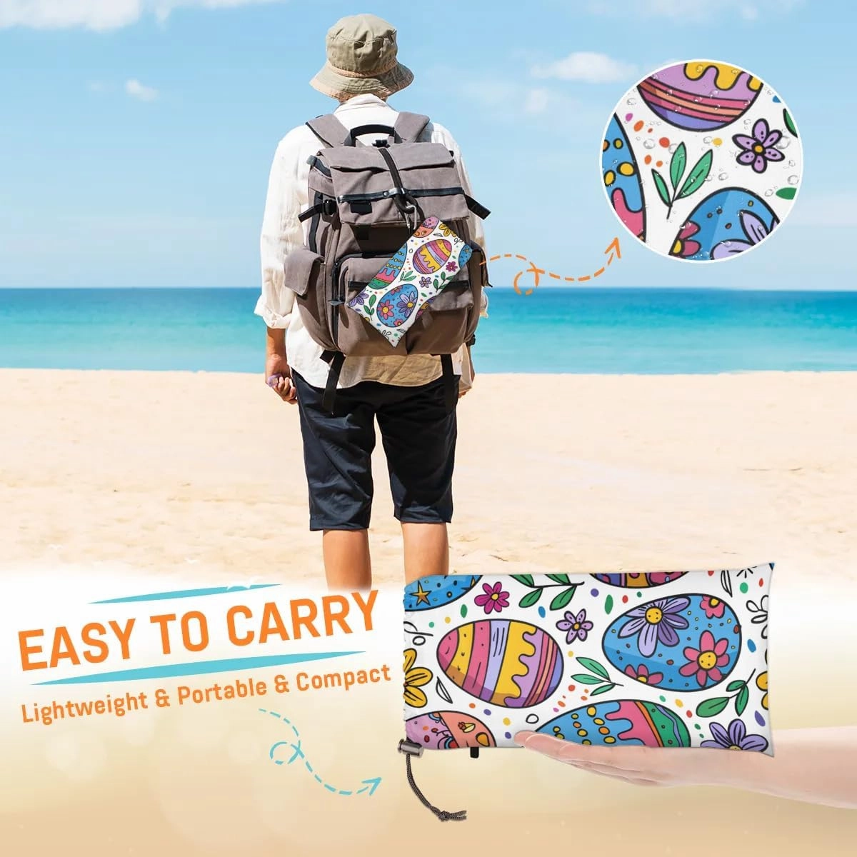 Egg Easter Beach Blanket, Sandproof Beach Mat, 68 x 59 Waterproof Quick Drying Sand Free Mat with 4 x Ground Spikes for Outdoor Travel Camping Hiking, Easter Colorful Eggs