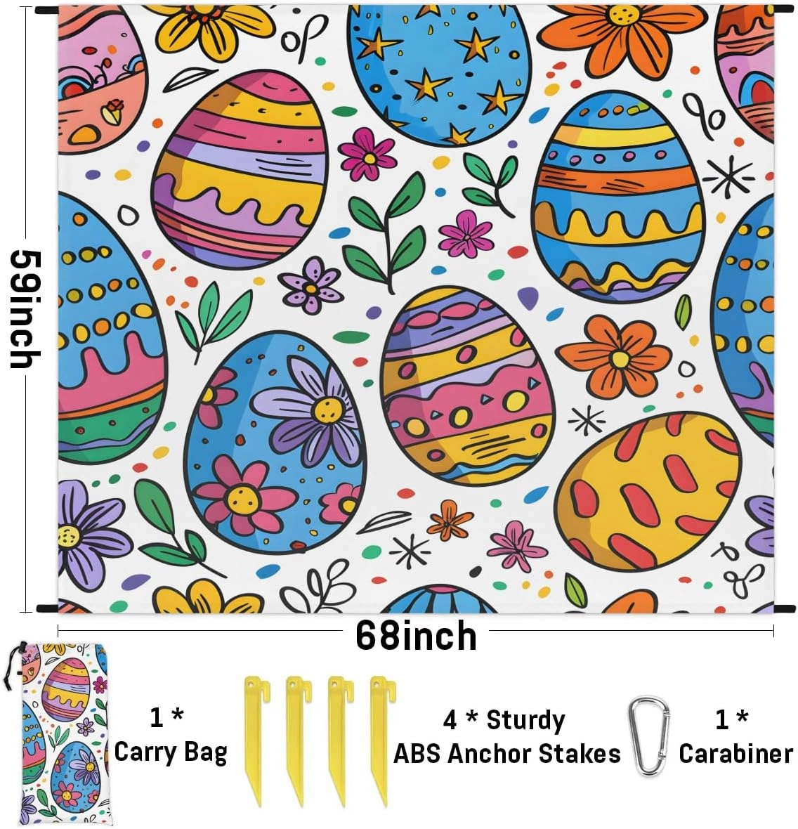 Egg Easter Beach Blanket, Sandproof Beach Mat, 68 x 59 Waterproof Quick Drying Sand Free Mat with 4 x Ground Spikes for Outdoor Travel Camping Hiking, Easter Colorful Eggs
