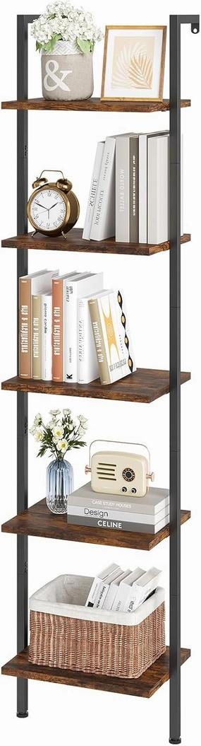 ELYKEN Ladder Shelf, 5-Tier Wood Wall Mounted Bookshelf with Metal Frame, Vintage Open Display Organizer Rack, Leaning Storage Shelves for Living Room, Bedroom, Home Office, Rustic Brown