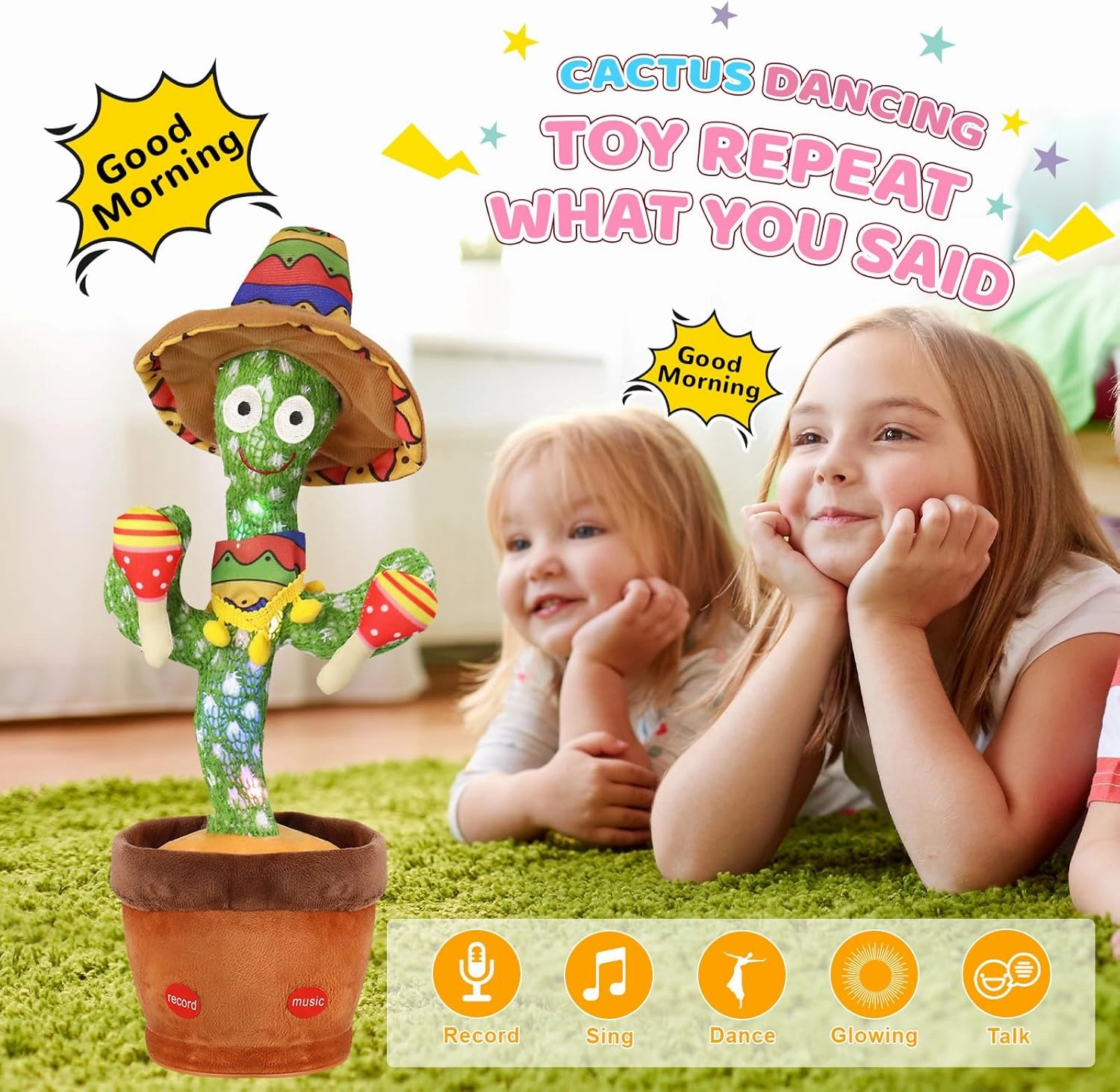 Emoin Talking Cactus Toys Wiggle Dancing Repeat What You Say Singing Mimicking Plush Toy with Light Up Electric Shake for Baby Boys and Girls Green