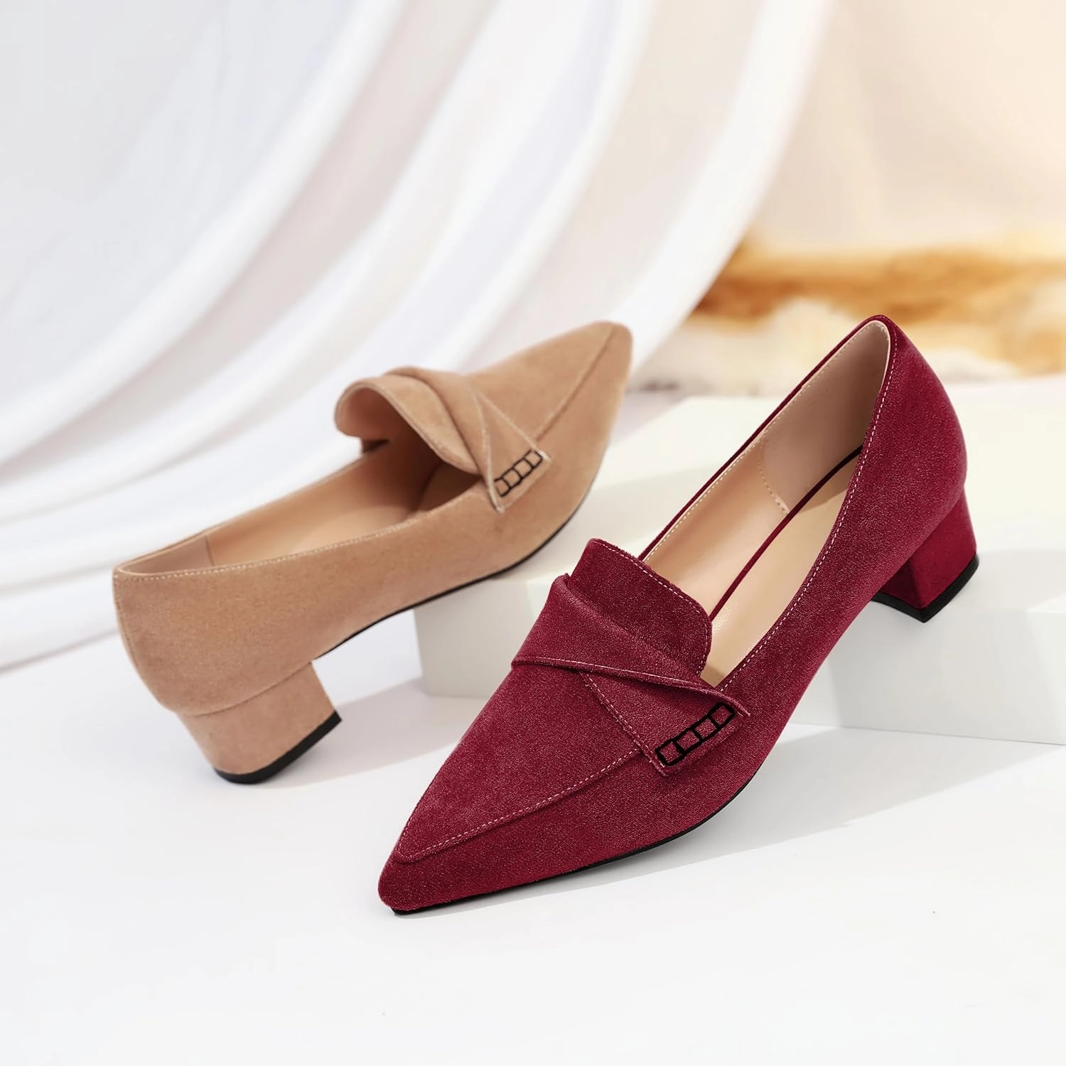 Esvowido Women's Block Heels Loafer Pumps Closed Pointed Toe Slip on Comfortable Chunky Low Heel Dress Shoes for Daily Life Work Office 1.5 Inch