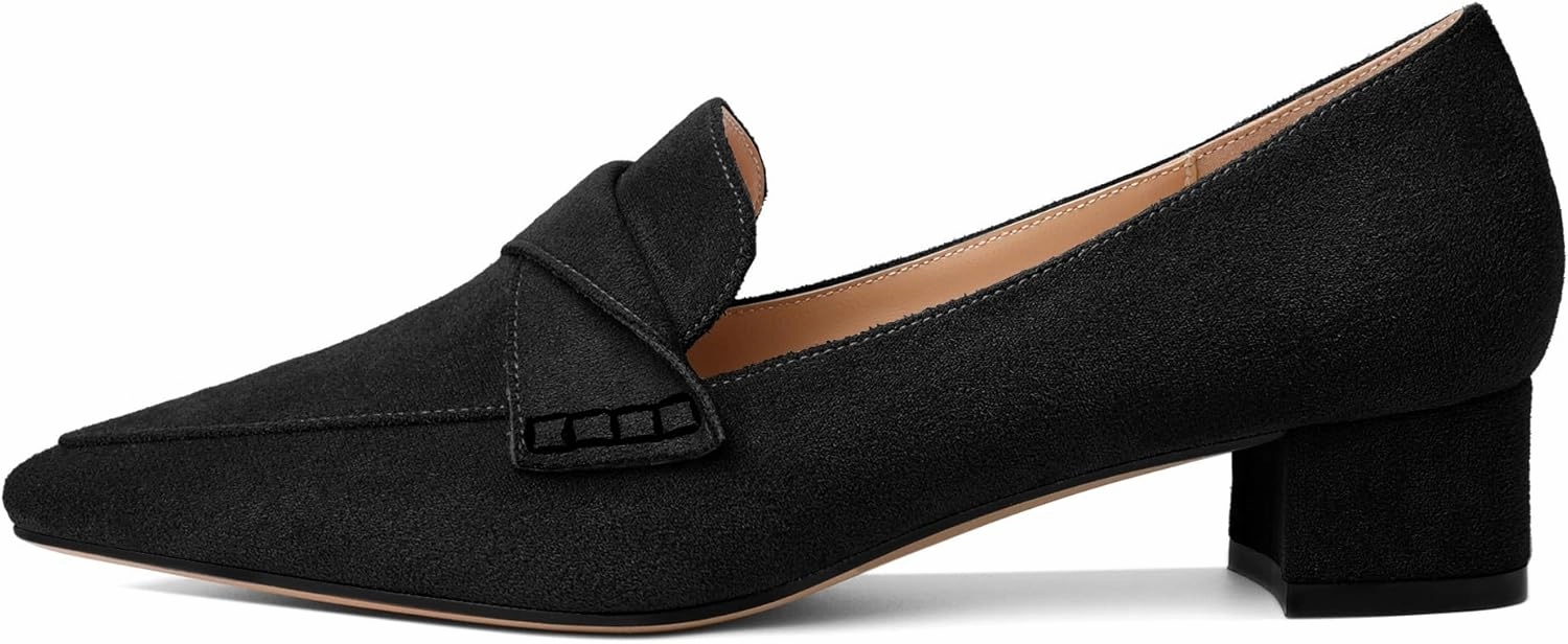 Esvowido Women's Block Heels Loafer Pumps Closed Pointed Toe Slip on Comfortable Chunky Low Heel Dress Shoes for Daily Life Work Office 1.5 Inch