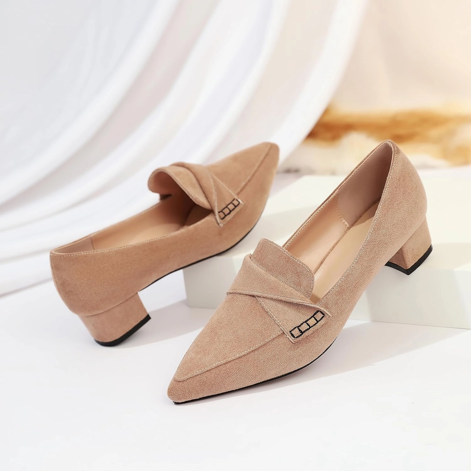 Esvowido Women's Block Heels Loafer Pumps Closed Pointed Toe Slip on Comfortable Chunky Low Heel Dress Shoes for Daily Life Work Office 1.5 Inch