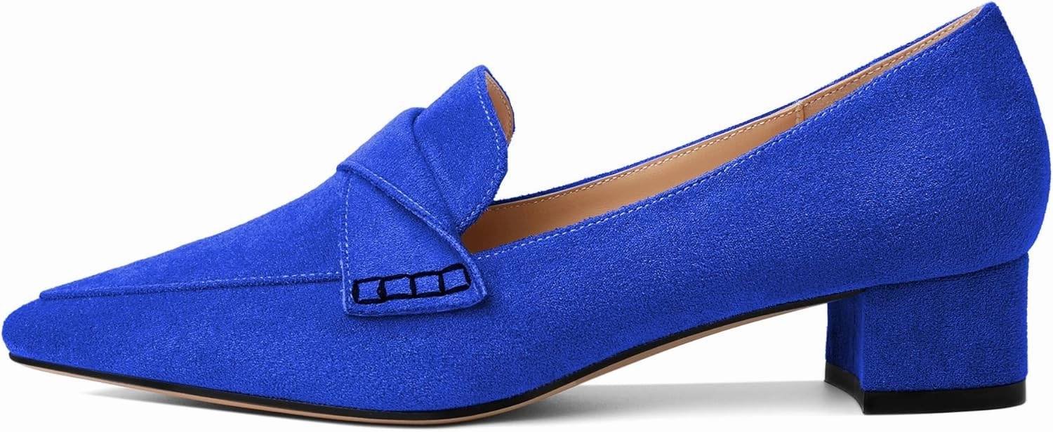 Esvowido Women's Block Heels Loafer Pumps Closed Pointed Toe Slip on Comfortable Chunky Low Heel Dress Shoes for Daily Life Work Office 1.5 Inch