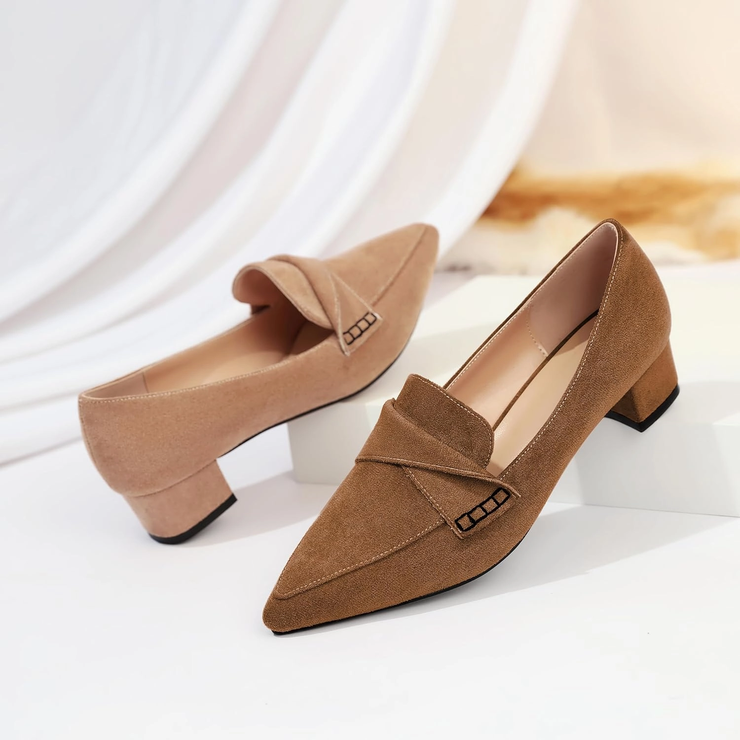 Esvowido Women's Block Heels Loafer Pumps Closed Pointed Toe Slip on Comfortable Chunky Low Heel Dress Shoes for Daily Life Work Office 1.5 Inch