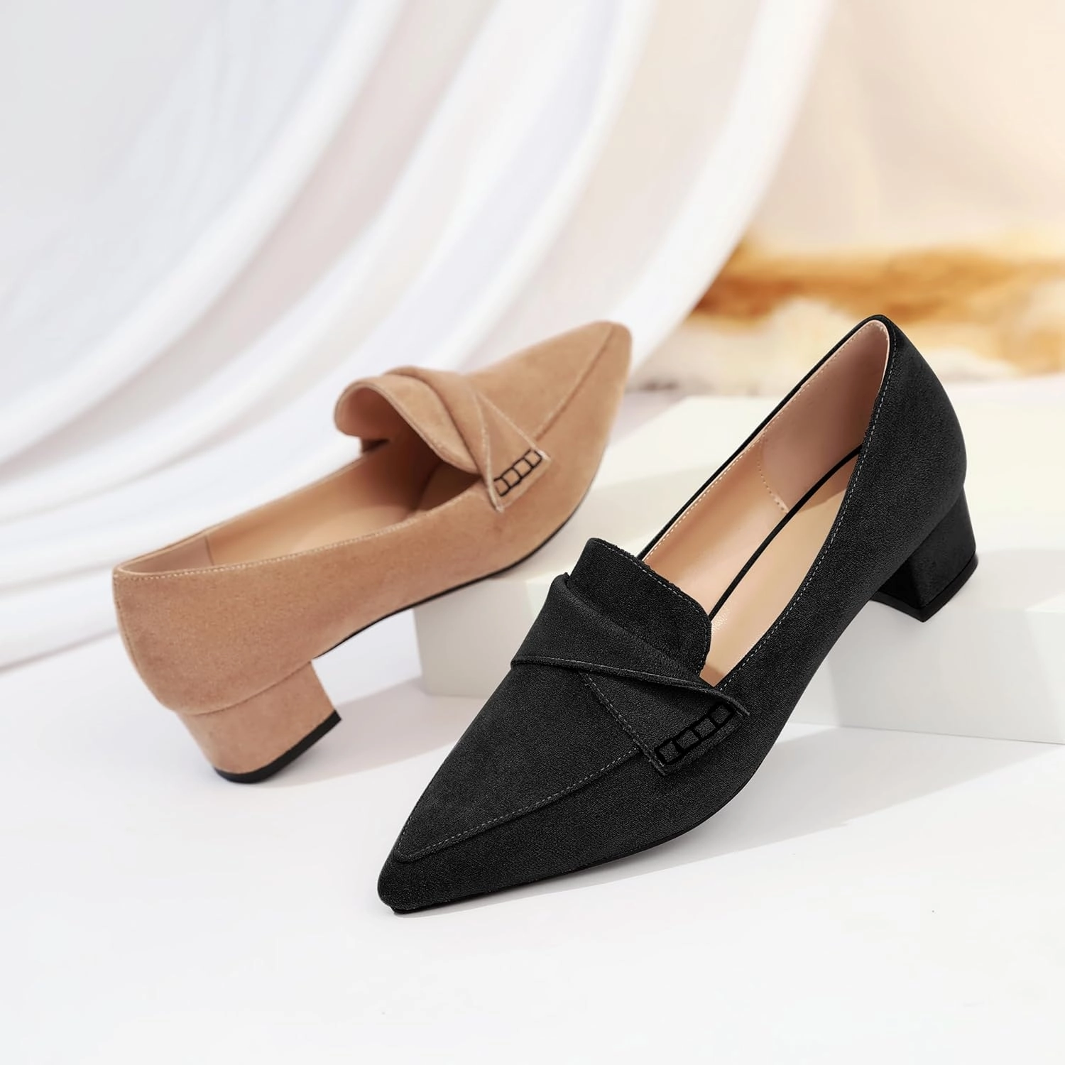 Esvowido Women's Block Heels Loafer Pumps Closed Pointed Toe Slip on Comfortable Chunky Low Heel Dress Shoes for Daily Life Work Office 1.5 Inch