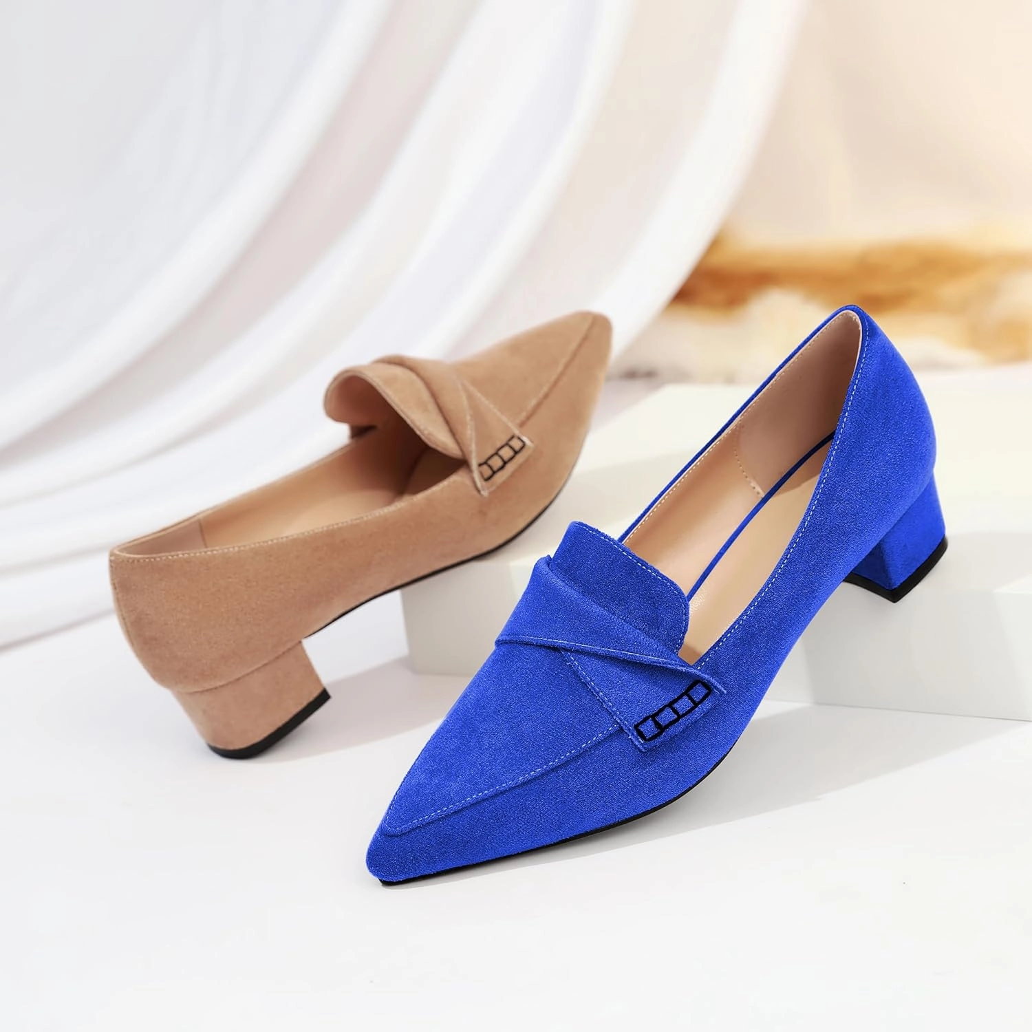 Esvowido Women's Block Heels Loafer Pumps Closed Pointed Toe Slip on Comfortable Chunky Low Heel Dress Shoes for Daily Life Work Office 1.5 Inch