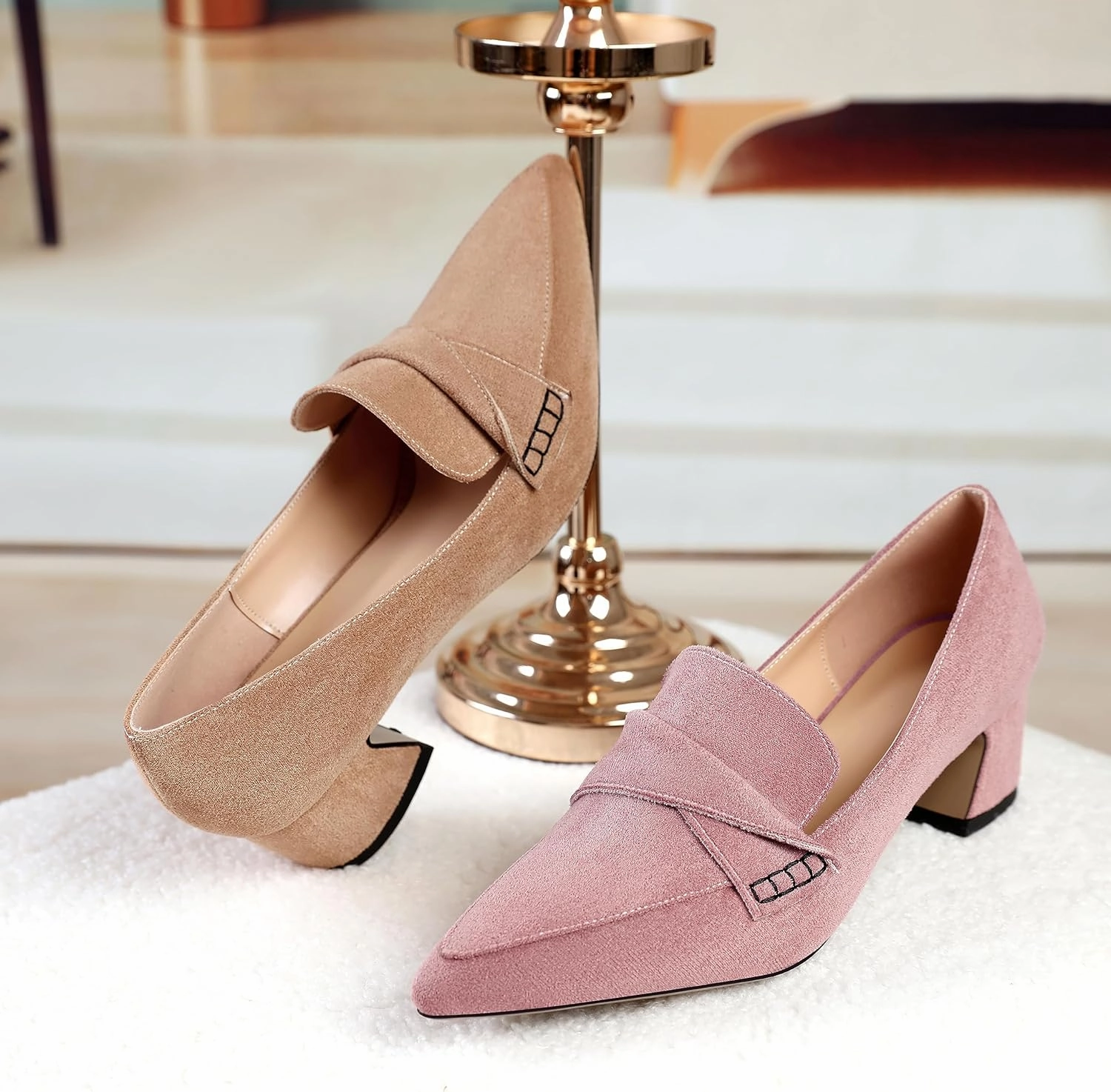 Esvowido Women's Loafer Pumps Mid Block Heels Closed Pointed Toe Slip on Comfortable Chunky Heel Pumps Dress Shoes for Daily Life Work Office 2 Inch