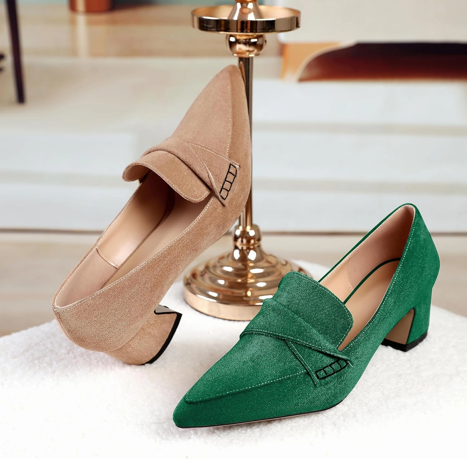 Esvowido Women's Loafer Pumps Mid Block Heels Closed Pointed Toe Slip on Comfortable Chunky Heel Pumps Dress Shoes for Daily Life Work Office 2 Inch