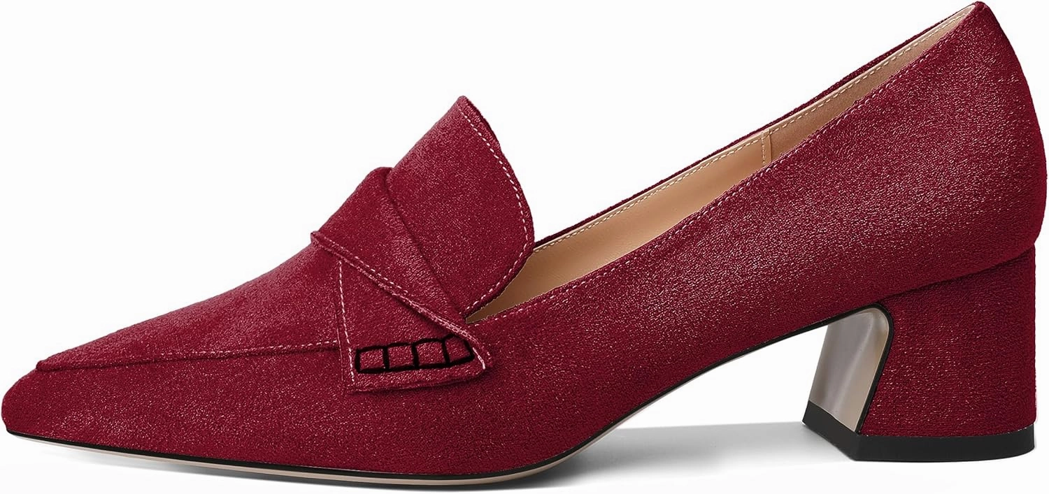 Esvowido Women's Loafer Pumps Mid Block Heels Closed Pointed Toe Slip on Comfortable Chunky Heel Pumps Dress Shoes for Daily Life Work Office 2 Inch