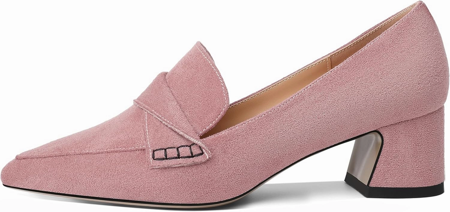 Esvowido Women's Loafer Pumps Mid Block Heels Closed Pointed Toe Slip on Comfortable Chunky Heel Pumps Dress Shoes for Daily Life Work Office 2 Inch
