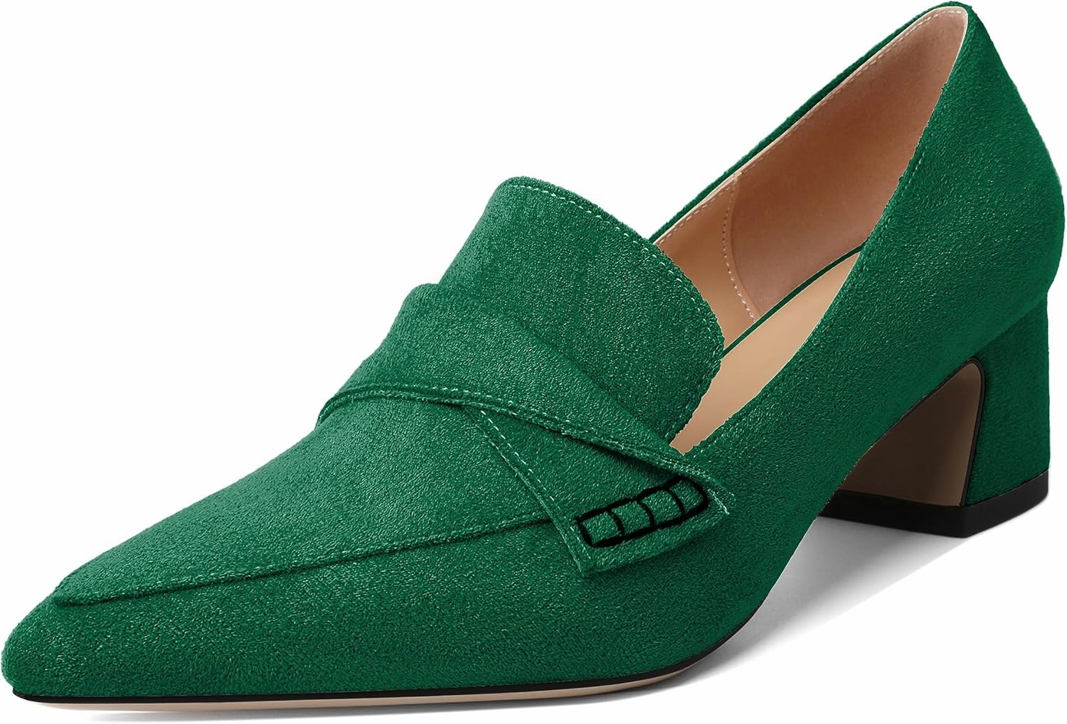 Esvowido Women's Loafer Pumps Mid Block Heels Closed Pointed Toe Slip on Comfortable Chunky Heel Pumps Dress Shoes for Daily Life Work Office 2 Inch
