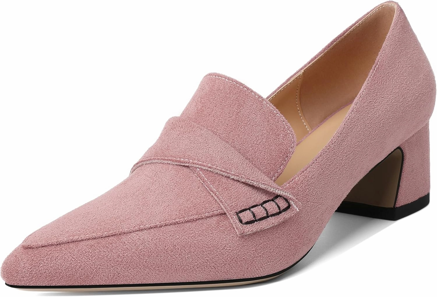 Esvowido Women's Loafer Pumps Mid Block Heels Closed Pointed Toe Slip on Comfortable Chunky Heel Pumps Dress Shoes for Daily Life Work Office 2 Inch