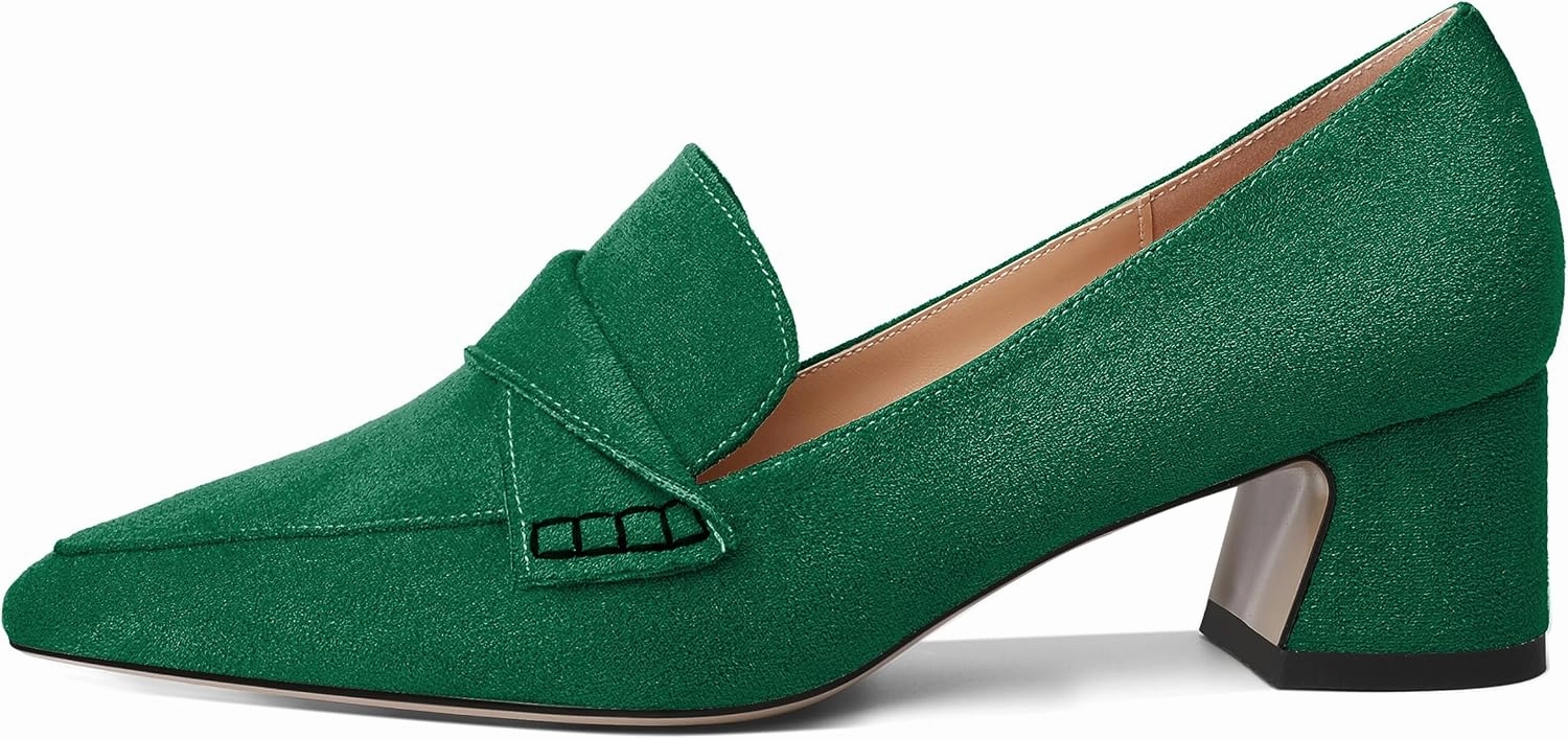 Esvowido Women's Loafer Pumps Mid Block Heels Closed Pointed Toe Slip on Comfortable Chunky Heel Pumps Dress Shoes for Daily Life Work Office 2 Inch